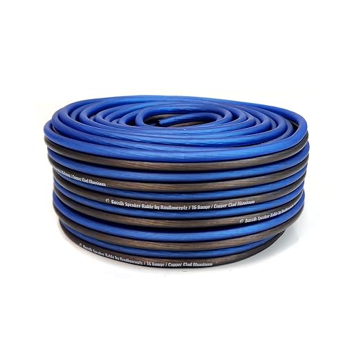 Bassik 16 Gauge AWG Speaker Wire Cable with Soft Touch Ultra Flex PVC for Home Theater Speakers and Car Audio - Blue/Black 100 Feet