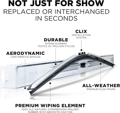 Clix Wipers - 18" ChromeAutomotive Replacement Wiper Blade (Pack of 1) Universal Clip On All-Weather Flex Frame Windshield Wiper