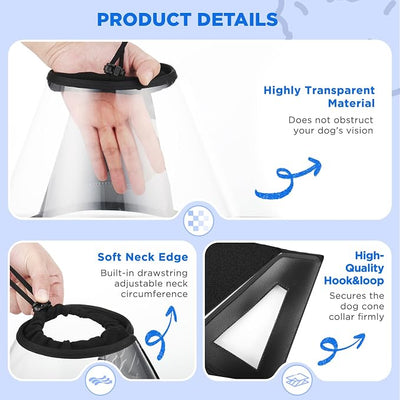 BONTHEE Clear Dog Cone Collar–Extra-Long Recovery E-Collar for Dogs, Transparent Adjustable Dog Cones Alternative for Small Large Medium Size Dogs,Protective Neck Brace with Soft Edges-M