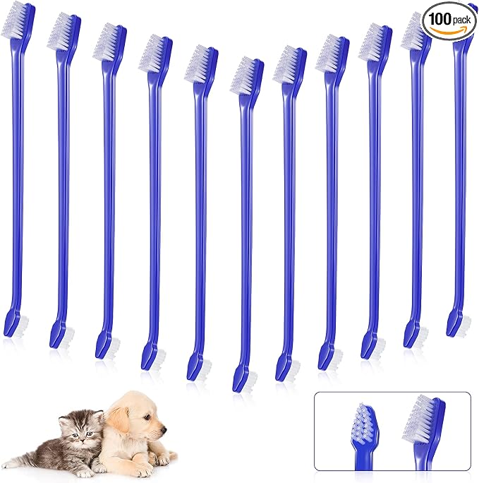 100 Pcs Dog Toothbrush Kit, Dual Head Bulk Pet Dental Supplies, Soft Bristle Long Handle Toothbrush for Adult Dogs, Oral Hygiene Teeth Cleaning Set for Most Pets, Small Medium Large Dogs and Cats