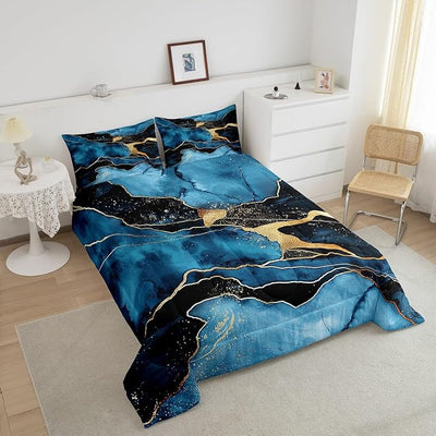Erosebridal Marble Comforter Set Full, 3-Pieces Blue Marble Bedding Set for Kids Boys Teens Adult Bedroom, Abstract Artwork Watercolor Quilted Duvet Tie Dye Ultra Soft Duvet Sets with 2 Pillow Cases