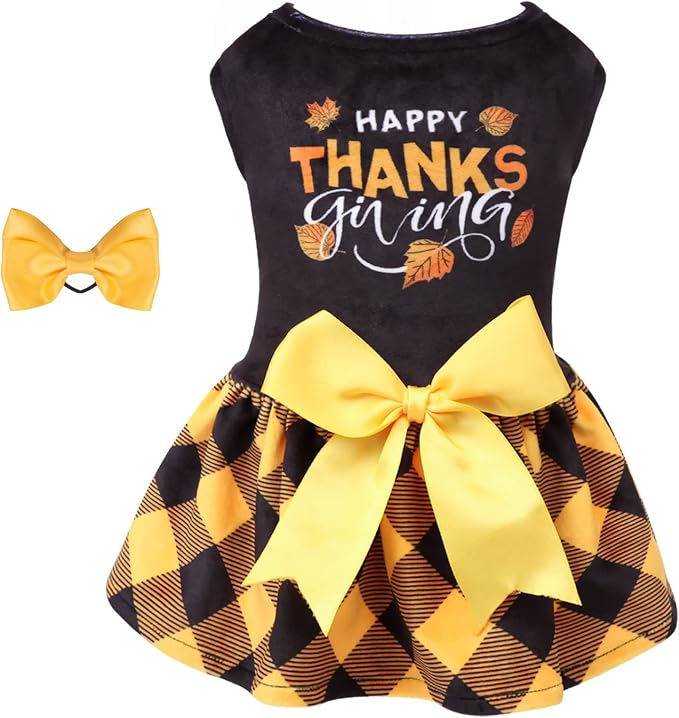 Happy Thanksgiving Day Dog Fall Dress Costume Velvet for Small Dogs Girl Puppy Dresses Yellow Plaid Dog Clothes