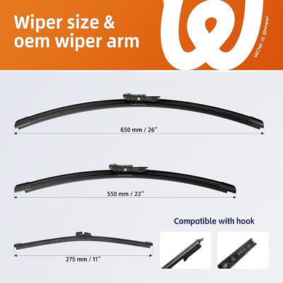 26"+22" Windshield Wiper Blades with 11" Rear Wiper Replacement for Ford Explorer 2011 2012 2013 2014 2015 2016 2017 2018 2019 2020 2021 2022 2023- OEM Quality All-Weather Pinch Tab(Set of 3)