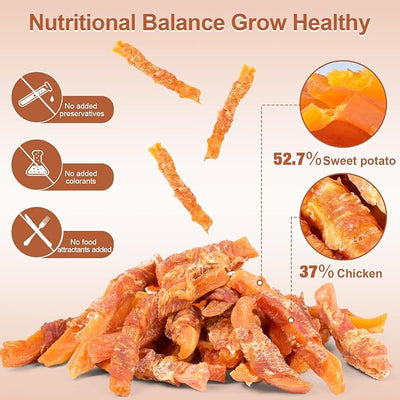 Chicken Wrapped Sweet Potato Dog Treats, Soft Chews Puppy Training Snacks, Grain Free High Fiber Digestive Support Sticks, 8 Ounces