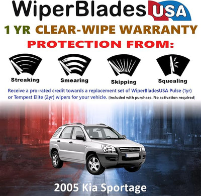 WiperBladesUSA Wiper Blades Set w/ 1yr warranty compatible with Kia Sportage 2005 Wipers (Set of 2) Pulse Wipers