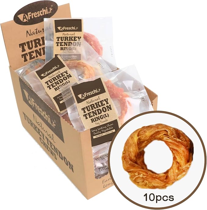 Turkey Tendons for Dogs, USA-Sourced, Healthy Dog Treats, Rawhide-Free Puppy Chews, Long Lasting, All Natural, Hypoallergenic Dog Treats for Large Breeds, 10 Count Box Ring (L)