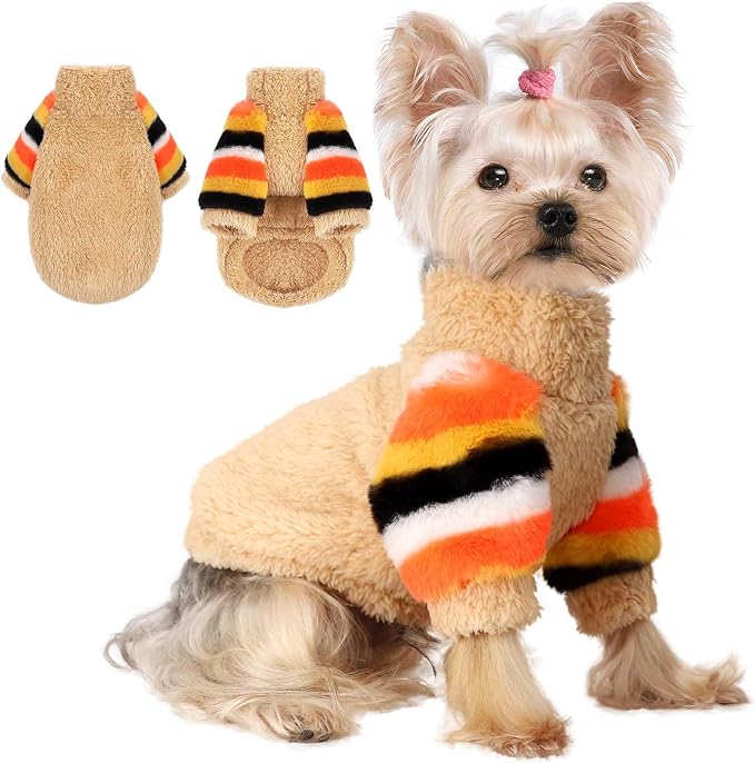 Dog Sweaters for Small Dogs, Chihuahua Fleece Clothes, Clothes Winter Warm Puppy Boys Girls, Rainbow Sleeve Sweater,Tiny Outfits Teacup Yorkie (Khaki, Small)