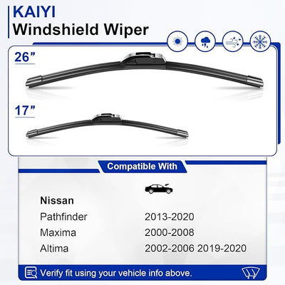 KAIYI 26" + 17" Windshield Wipers Compatible with Nissan Pathfinder 2013-2020,Maxima 2000-2008,Altima 2002-2006 2019-2020 Premium Automotive Replacement Windshield Wiper Blades 2 Pack