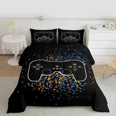 Erosebridal Gamer Comforter Set for Boys Teens Blue Black Gaming Bedding Set Video Game Bedding Home Decor for Kids Comforter Queen Size 3 Pieces Quilted Duvet Set 1 Comforter with 2 Pillowcases