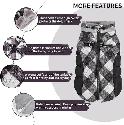 CuteBone Black Checkerboard Cozy Waterproof Thick Dog Winter Coat Doggie Jacket Warm Pet Clothes Comfortable Puffer Dog Vest for Medium Large Dogs with Harness Hole YRFN18L