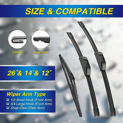 5 PLUS® Silicone Windshield Wipers Replacement for 2008-2013 NISSAN Rogue,2014-2015 NISSAN Rogue Select Wiper Blades(Set of 3),Automotive Replacement Windshield Wiper Blades-26"/14"/12"