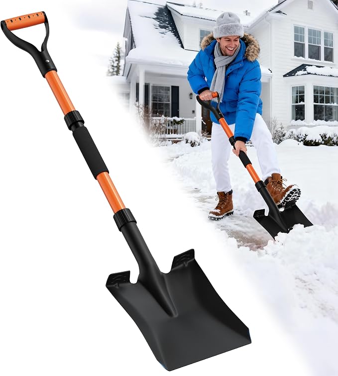 Snow Shovel, Heavy Duty 42'' Square Spade with Ergonomic D-Grip Handle, Extra-Wide Step & Fiberglass Shaft – Compact Winter Tool for Snow Removal, Car Emergency, Driveway & Sidewalk (Bright Orange)