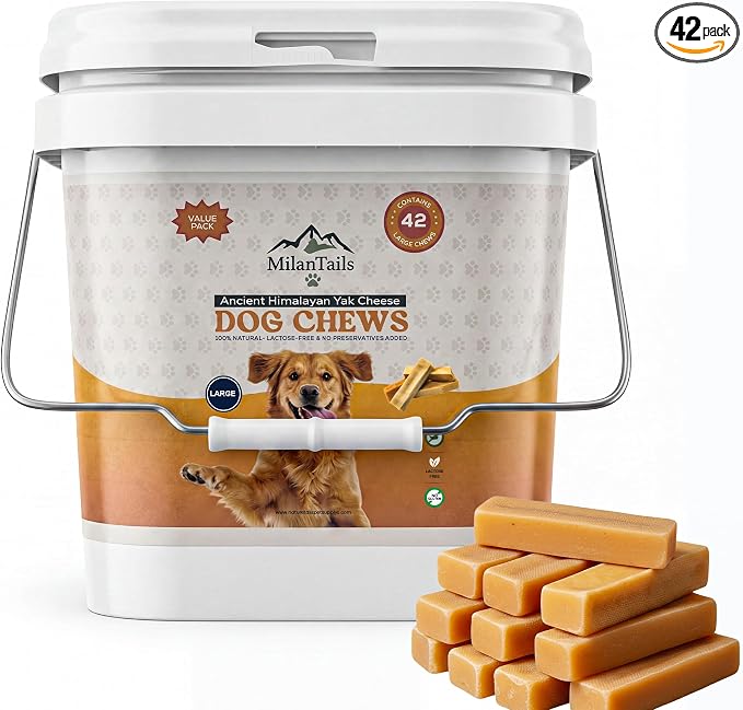Premium Natural Fruit-Flavored Himalayan Yak Chew for Dogs, All-Natural, Long-Lasting (Large 42 Pack Bucket, Original)