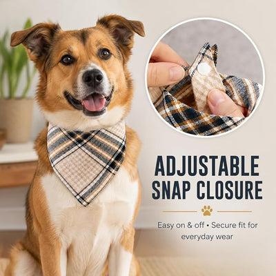 Dog Bandana Beige and Navy Blue Plaid for Pets - Soft & Comfortable, Machine Washable, Adjustable Size,Medium