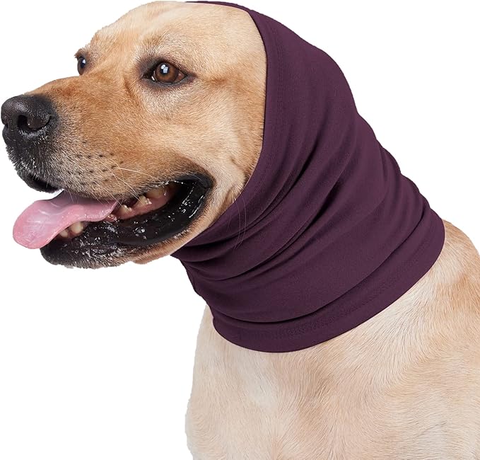 Meifsou Calming Hoodie for Dogs - Stretchy Dog Ear Cover, No Shake Anxiety Head Wrap Quiet Ears, Pet Snoods for Thunder, Lightning, Fireworks, Vet Visits, Grooming, Rabbit Plush Fabric, Purple L