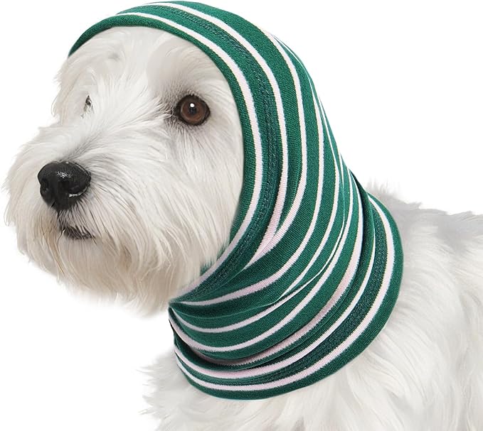 Calming Hoodie Dog Grooming Ear Cover Anxiety Relief-No Shake Dog Ear Wrap Hematoma, Striped Head Wrap Snoods for Noise Protection, Bath, Fireworks, Thunderstorm, Blow Drying, Warm-Keeping