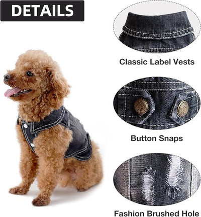 SILD Pet Clothes Dog Jeans Jacket Cool Blue Denim Coat Small Medium Dogs Lapel Vests Classic Hoodies Puppy Blue Vintage Washed Clothes (M, Black)
