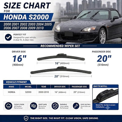 AERO Voyager 20" + 16" Windshield Wipers, Replacement for Honda S2000 2010-2000, Premium All-Season Automotive Replacement Wiper Blades with Extra Rubber Refills + 1-Year Warranty (Pack of 2)