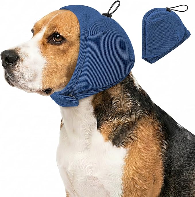 Dog Ear Muffs - No Shake Ear Wrap & Quiet Calming Hoodie, Adjustable Head Snood Cover for Dogs, Noise & Anxiety Relief, Hematoma Protection for Grooming, Bath, Drying, Fireworks (Blue, L)