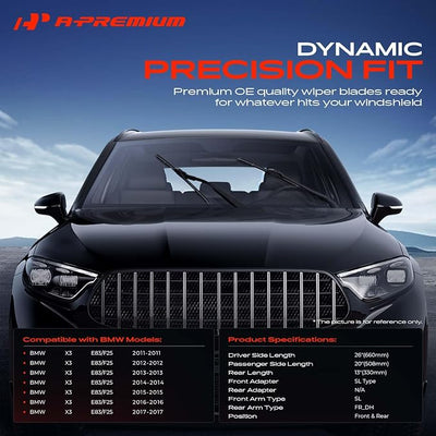 A-Premium 26"+20"+13" Windshield Wiper Blades with Wear Indicator & Towel | Compatible with BMW E83/F25 Series X3 2011-2017, Front Rear Wipers Blade Set for SL/FR_DH Arm Connector, Pack of 3