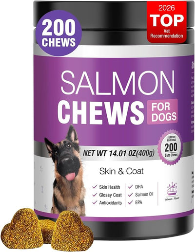 Omega 3 Skin and Coat Supplement for Dogs 200 Chews Dog Fish Oil Supplements with EPA & DHA Fatty Acids Dry Skin Relief for Dogs Shedding Allergy Itching Promotes Heart Hip Joint Health Salmon Flavor