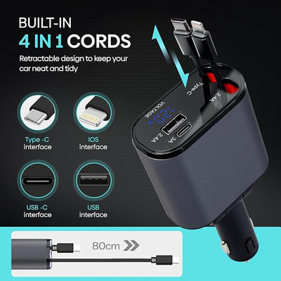 Retractable Car Charger | 4 in 1 Fast Car Phone Charger 120W | Retractable Cables and USB Car Charger | Compatible with iPhone 15/14/13/12/11, Galaxy, Pixel | Car Accessories | iPhone Car Charger