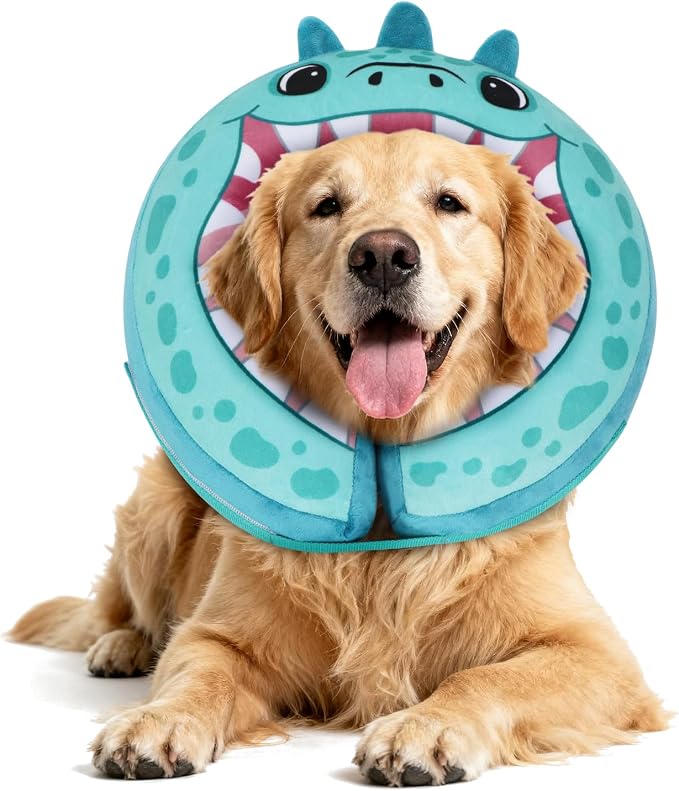 Inflatable Recovery Dog Collar, Protective Donut Cone, Adjustable Soft Collar for Dog and Cat After Surgery Prevent from Biting & Scratching EU002 - Teal Dinosaur M