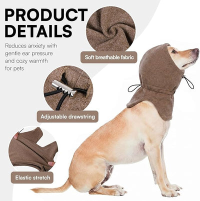 Dog Calming Hoodie - No Shake Ear Wraps for Dogs, Anxiety Relief & Noise Protection, Pet Ear Cover for Thunderstorms, Firework, Grooming, Force Drying, Brown L