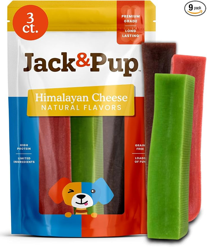 Jack&Pup Naturally Flavored Yak Cheese Himalayan Dog Chews | Dog Yak Chews for Large Dogs Aggressive Chewers | Hard Yak Cheese Stick (9oz, 3 Pack) Blueberry, Strawberry, Mint