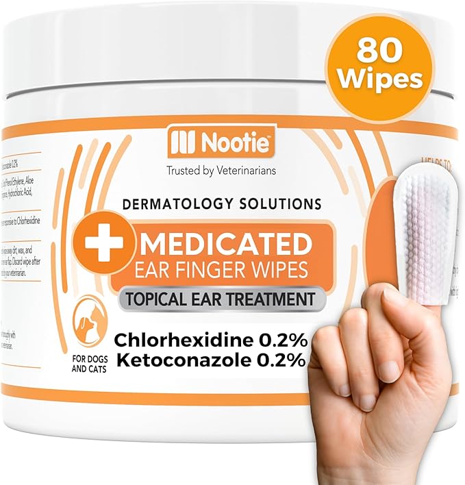 Medicated Ear Finger Wipes with Chlorhexidine for Dogs, Gentle Dog Ear Cleaning Wipes for Itchy, Sensitive Ears - Helps Remove Wax, Dirt Buildup, & Odor 80 Wipes - Made in USA