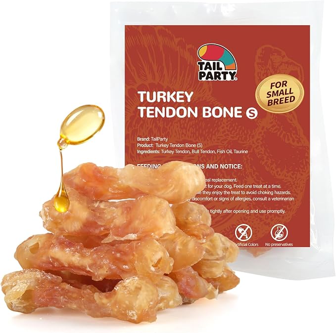 TailParty Turkey Tendons for Dogs with Fish Oil & Taurine (Bone, S, 8 oz), All Natural Dental Chews & Training Treats for Small Dogs, Long Lasting Snack for Health-Conscious Pet Owners