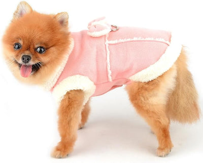 SMALLLEE_LUCKY_STORE Fleece Dog Coat for Small Dog Pet Harness Jacket with Bow and D-Ring, Soft Vest Fall Winter Clothes with Fuzzy Collar Chihuahua Yorkie Cat Apparel, Pink, S