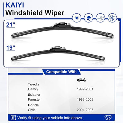 KAIYI 21" + 19" Windshield Wipers Compatible with Toyota Camry 1992-2001,Subaru Forester 1998-2002,Honda Civic 2001-2005 Premium Automotive Replacement Windshield Wiper Blades 2 Pack