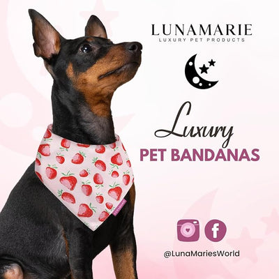 LunaMarie - Luxury Dog Bandanas - Cute Unique Designs | Premium & Silky Poly Fabric | 100% Handmade Custom Shape Dual Layered Small, Medium, Large Cat Scarf (Strawberry, Small)