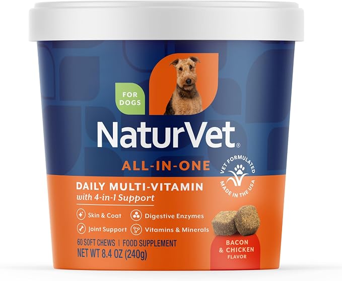 All-in-One Dog Supplement - for Joint Support, Digestion, Skin, Coat Care – Dog Multivitamins with Minerals, Omega-3, 6, 9 – Wheat-Free Vitamins for Dogs – 60 Soft Chews