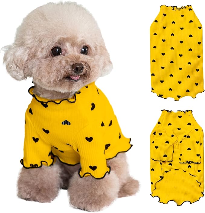 Pet Clothes for Small Dogs Cat Summer Fall Heart Print Shirt Stretchable Ruffle Long Sleeve Outfits for Chihuahua Schnauzer Shih Tzu Yorkie (Yellow, X-Large)