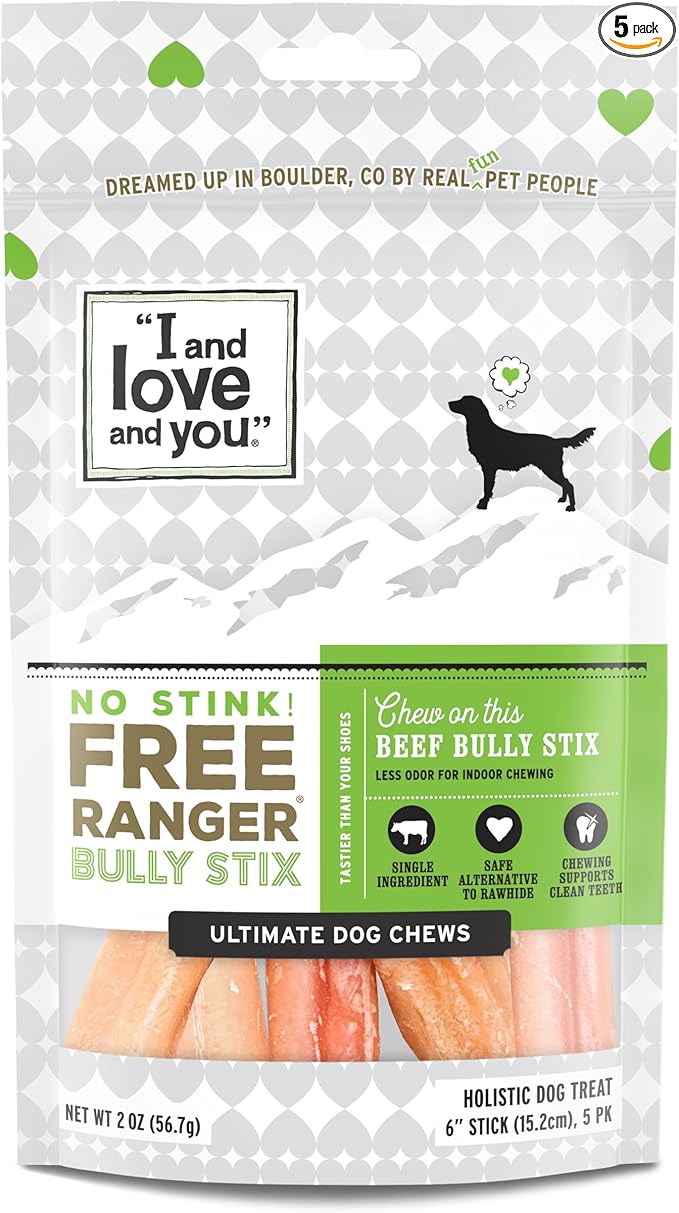 I and love and you" No Stink Free Ranger Bully Stix - Beef - Rawhide Alternative, Single Ingredient, Free Range Grass Fed Beef, 6in, 5ct