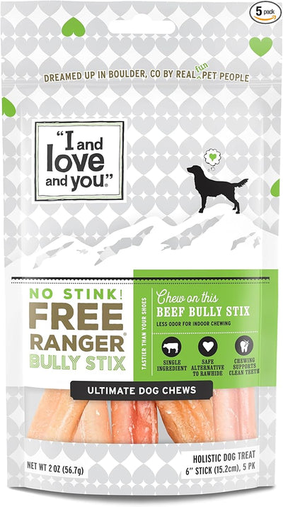 I and love and you" No Stink Free Ranger Bully Stix - Beef - Rawhide Alternative, Single Ingredient, Free Range Grass Fed Beef, 6in, 5ct