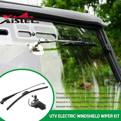 Xislet UTV Electric Windshield Wiper Kit Fit Polaris Ranger RZR Can Am | Kawasaki Honda Pioneer Golf Cart Tractor with 12V Motor/2pcs 16inch Blades/Instructions