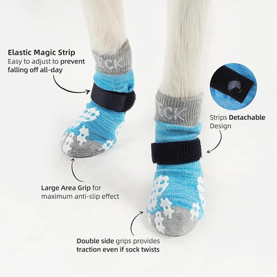 PUPTECK Double Side Anti-Slip Dog Socks with Adjustable Straps for Indoor Wear - 2 Pairs Pet Paw Protection Traction Control Socks on Hardwood Floor