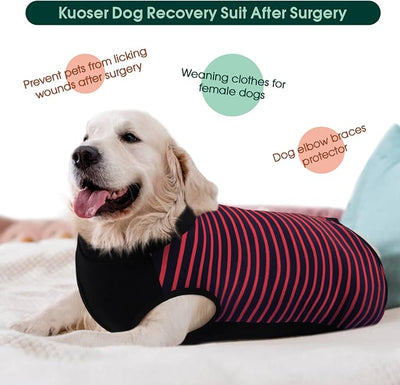 Kuoser Dog Recovery Suit with Anti Licking Rear Leg Sleeve, Red 4XL | Abdominal Dog Surgical Suit with Pants Cover Protect Wounds, Dogs Elbow Protector Soft Pet Surgery Onesie Cone Alternative