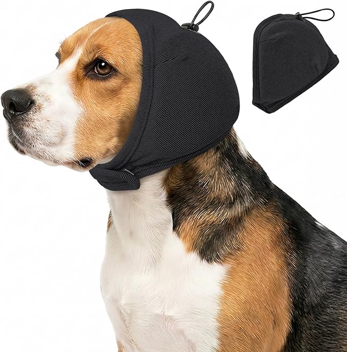 Dog Ear Muffs - No Shake Ear Wrap & Quiet Calming Hoodie, Adjustable Head Snood Cover for Dogs, Noise & Anxiety Relief, Hematoma Protection for Grooming, Bath, Drying, Fireworks (Grey, M)