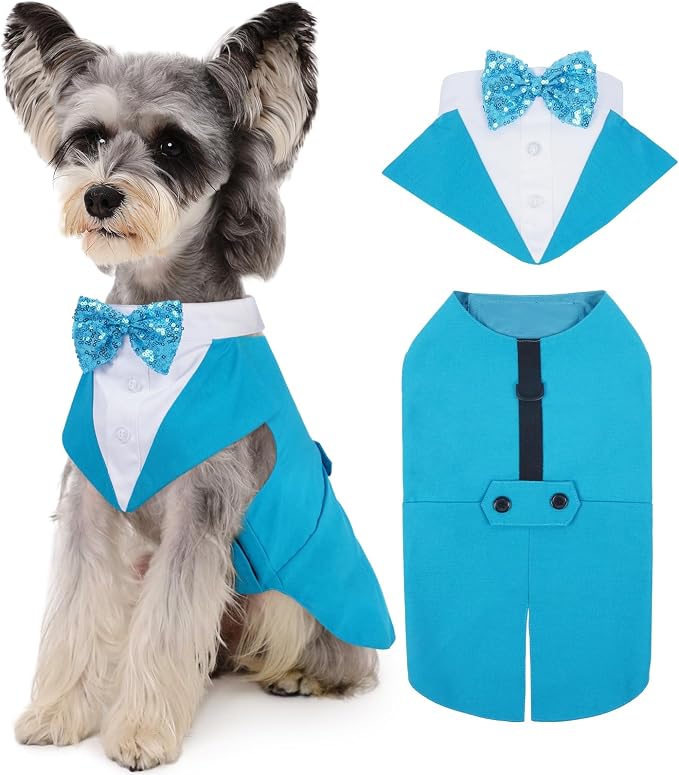Dog Tuxedo for Small Dogs, Pet Wedding Outfit with Bow Tie, Dog Suit and Bandana Set Formal Dogs Tux Pet Costume Halloween Christmas Outfit for Birthday Party Cosplay