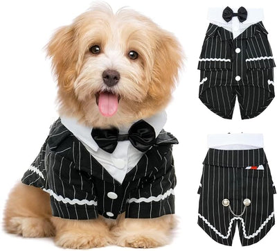 QBLEEV Dog Tuxedo Suit with Bow Tie, Formal Black & White Striped Dog Costume Outfit, Doggy Tux Prince Dress for Wedding Party Birthday Holiday, Elegant Dogs Attire for Maltese Dachshund Yorkie
