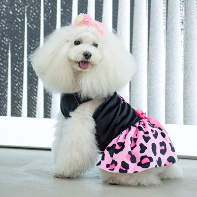 CuteBone Little Miss Sassy Pants Dog Leopard Print Dress Velvet for Small Dogs Girl Puppy Dresses Pink Dog Clothes