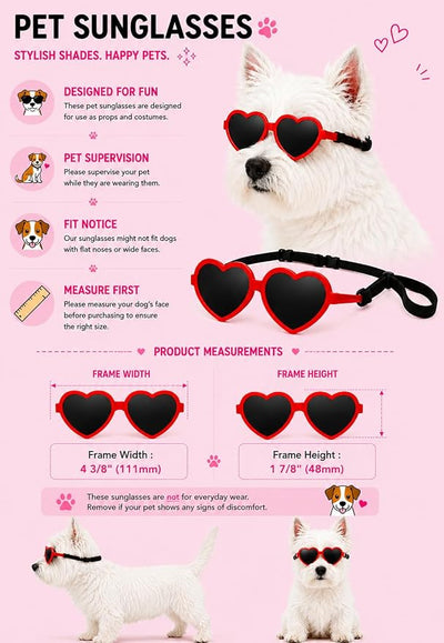 G016-1 Dog Pet Heart Costume Sunglasses for Small to Medium Breed (Medium, 12-25 lbs, Red)
