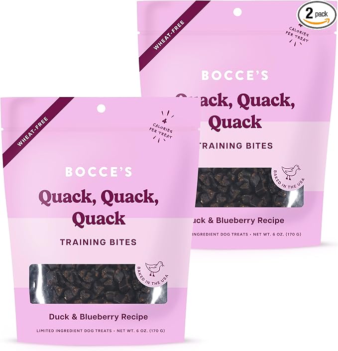 Bocce's Bakery Quack Quack Quack Training Treats for Dogs – Natural, Low-Calorie, Wheat-Free Training Bites Made with Real Ingredients & Baked in The USA – Duck & Blueberry Recipe (2 Pack Bundle)