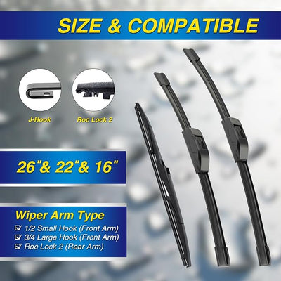 5 PLUS® Windshield Wipers Replacement for Lexus RX350 RX450h 2015-2010,Silicone Water Repellent Wiper Blades-26"/22"/16"(Set of 3), OEM Fit, All-Season, Easy Installation