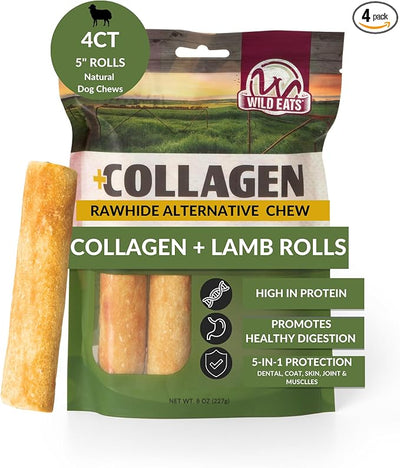 Wild Eats Lamb Flavor Collagen Retriever Style Cheek Rolls 5" Dog Chews-4 Pack (Long Lasting Dog Chews Treats & Bones for Medium Dogs) Substitute for Pig Ears for Dogs