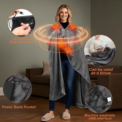 USB Heated Blanket, 67" x 51.2" Portable Battery Powered Cordless Electric Throw, Super Soft Cozy Wearable Heated Large Shawl Wraps for Office, 3 Heating Levels, Machine Washable, Battery Not Included